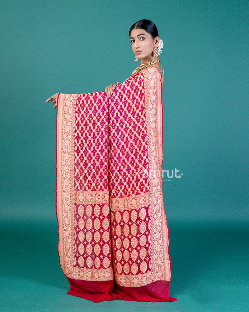 Red and Pink Zari Woven & Bandhej Floral Motifs Saree with Unstitched Blouse