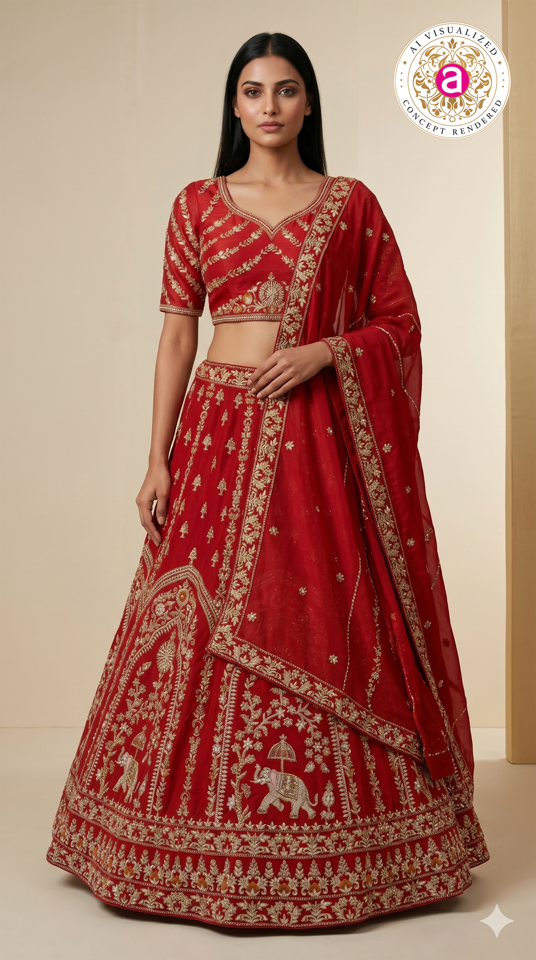 Royal Red Bridal Lehenga Set with Heritage Zari Embroidery & Elephant Motif Border