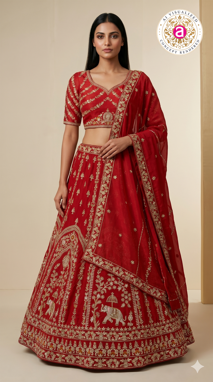 Royal Red Bridal Lehenga Set with Heritage Zari Embroidery & Elephant Motif Border