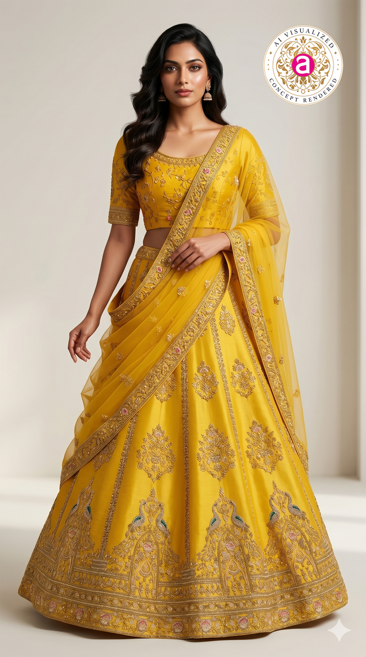 Mustard Yellow Designer Silk Lehenga Set with Heavy Zari Embroidery & Net Dupatta