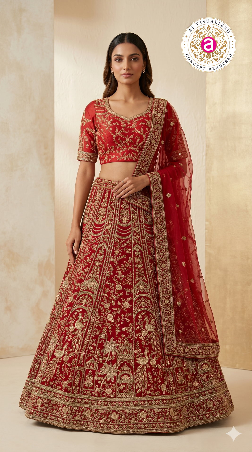 Bridal Red Designer Lehenga Set with Heavy Zari Embroidery & Net Dupatta