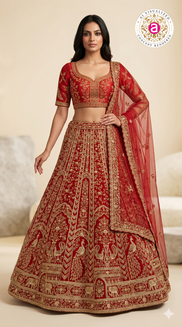 Royal Bridal Red Designer Lehenga Set with Heavy Zari Embroidery & Net Dupatta