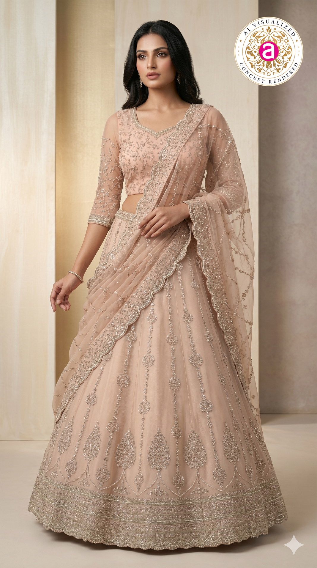 Blush Beige Designer Lehenga Set with Heavy Sequin Embroidery & Net Dupatta