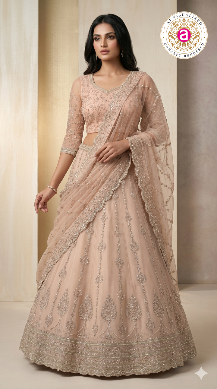 Blush Beige Designer Lehenga Set with Heavy Sequin Embroidery & Net Dupatta