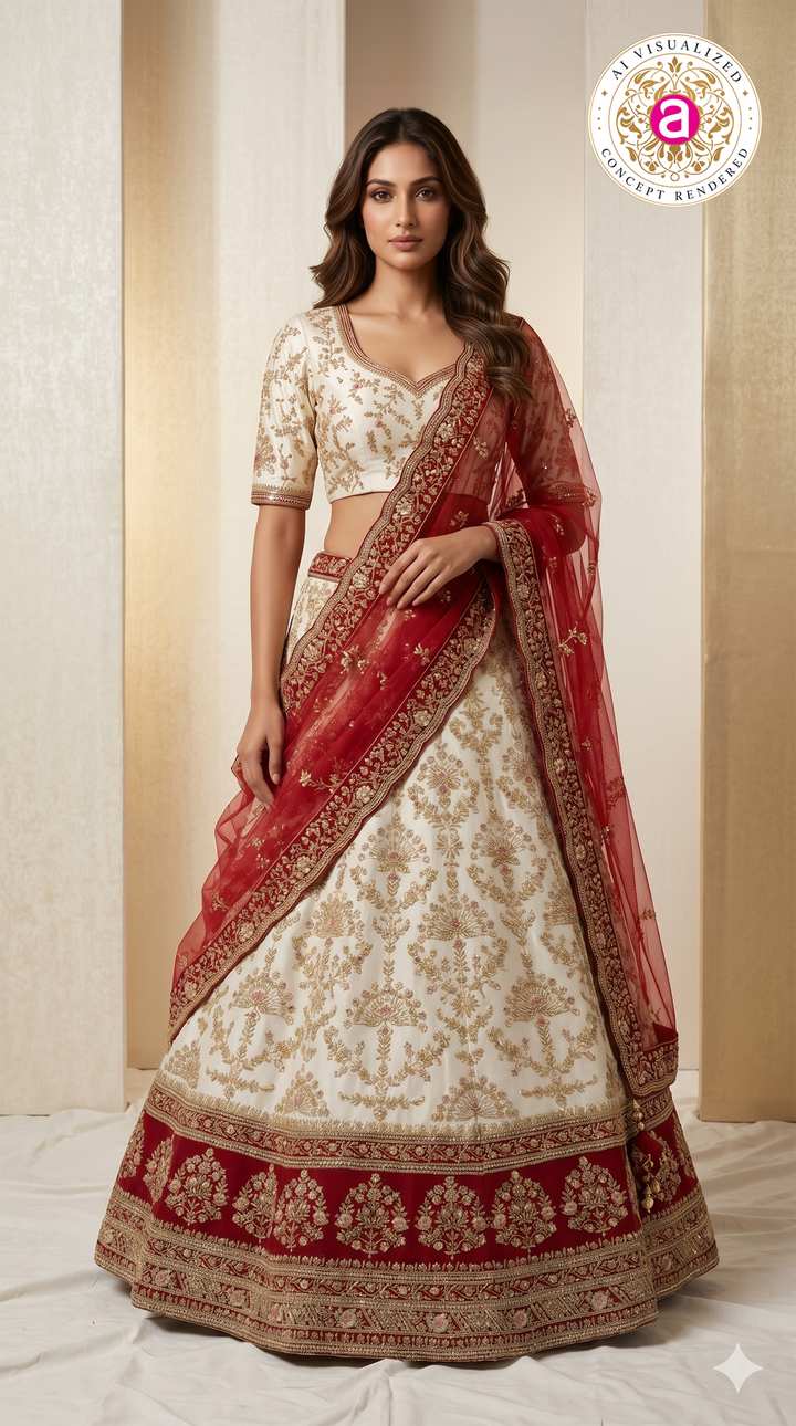Ivory White & Maroon Designer Bridal Lehenga Set with Heavy Zari Embroidery & Net Dupatta