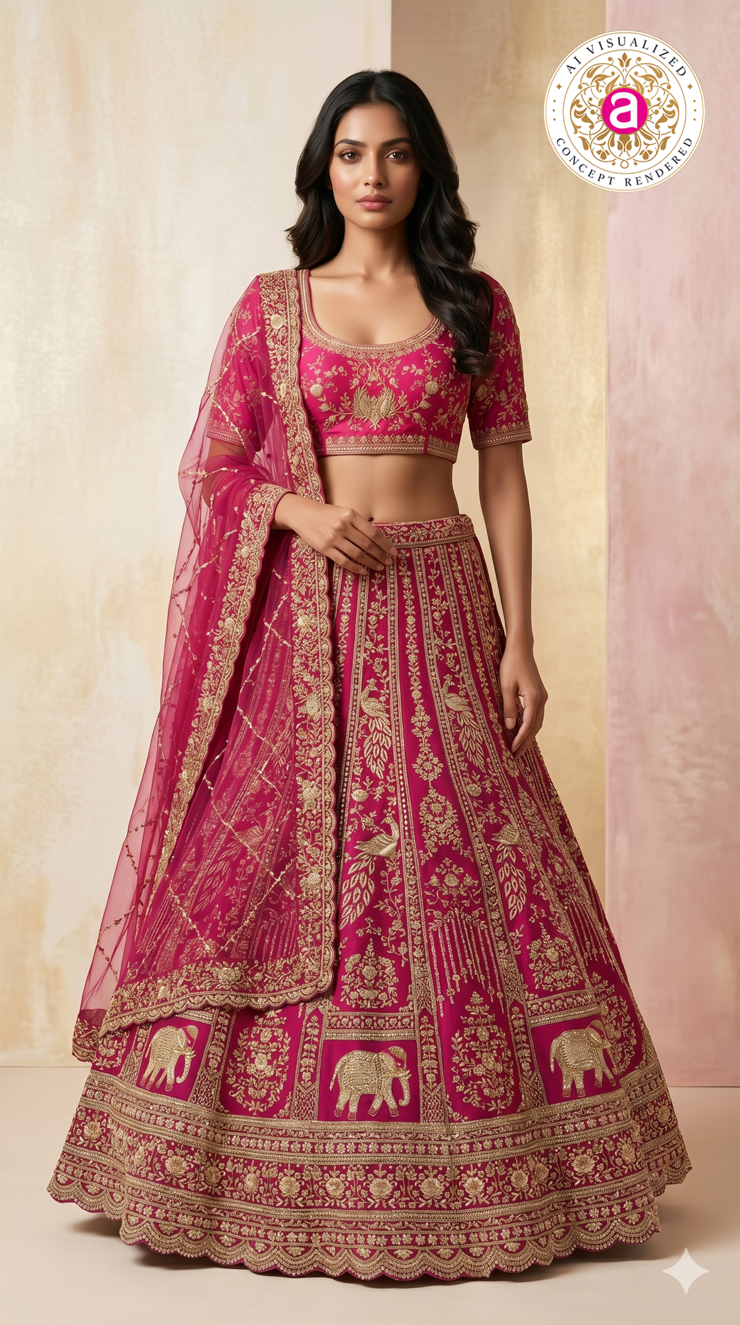 Rani Pink Designer Bridal Lehenga Set with Heavy Zari Embroidery & Net Dupatta