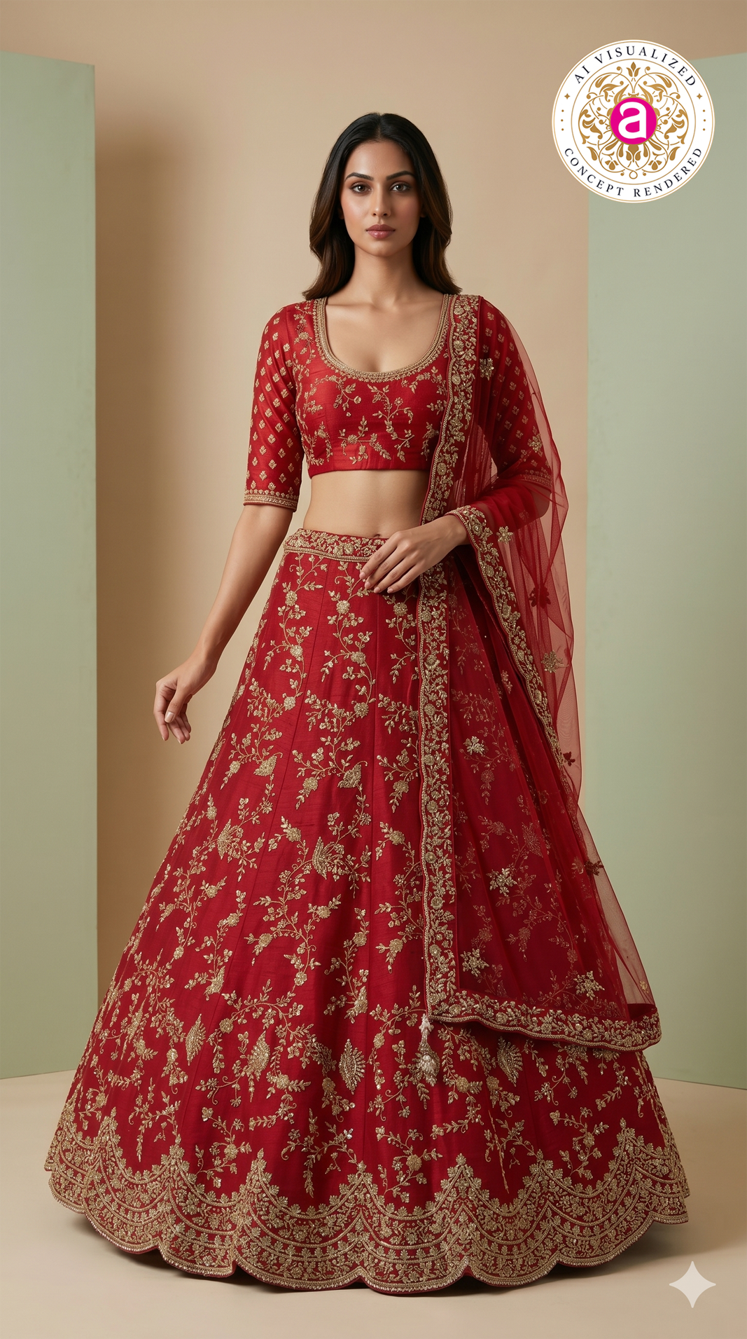 Ruby Red Designer Bridal Lehenga Set with Heavy Zari Embroidery & Net Dupatta