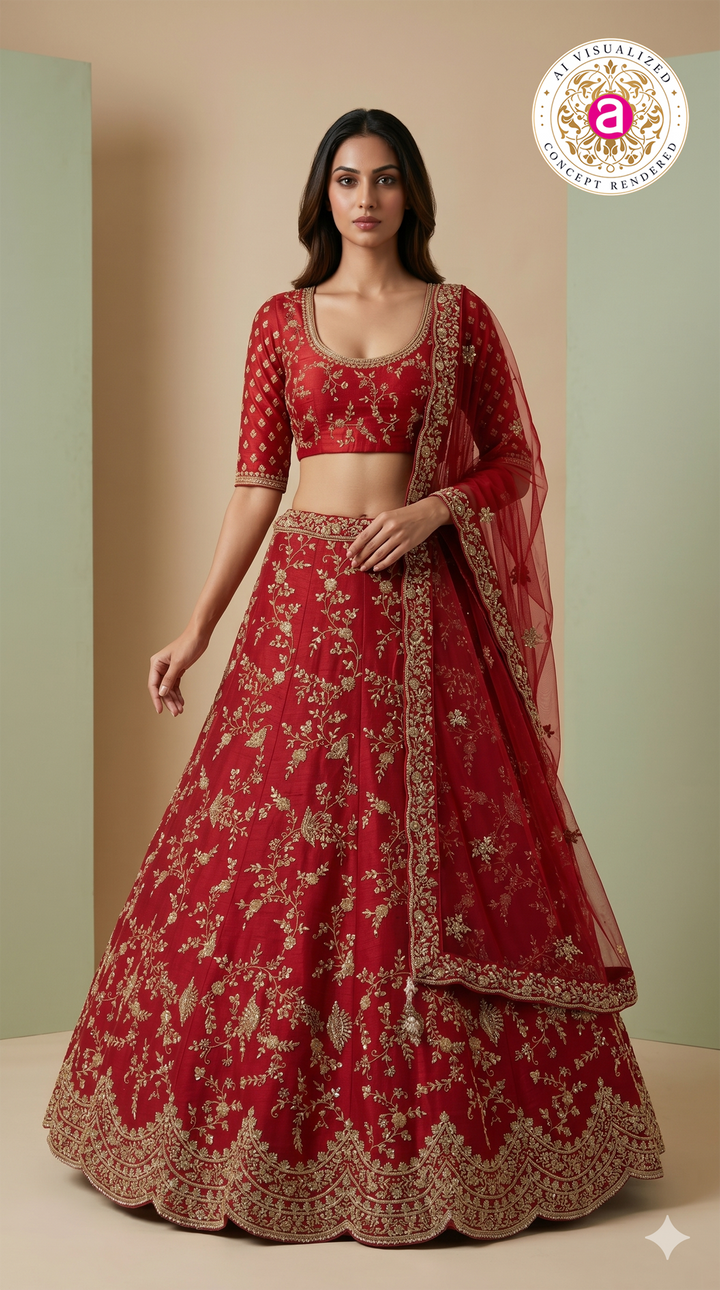 Ruby Red Designer Bridal Lehenga Set with Heavy Zari Embroidery & Net Dupatta
