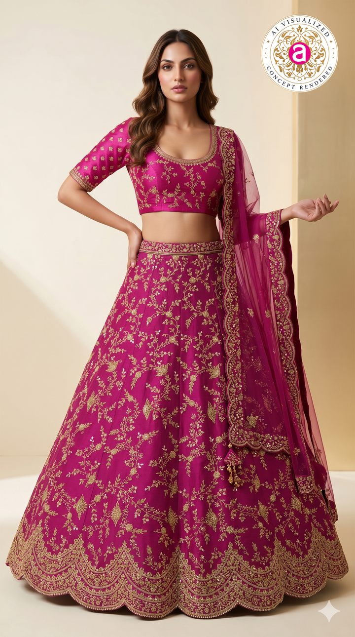 Magenta Pink Designer Bridal Lehenga Set with Heavy Zari Embroidery & Net Dupatta