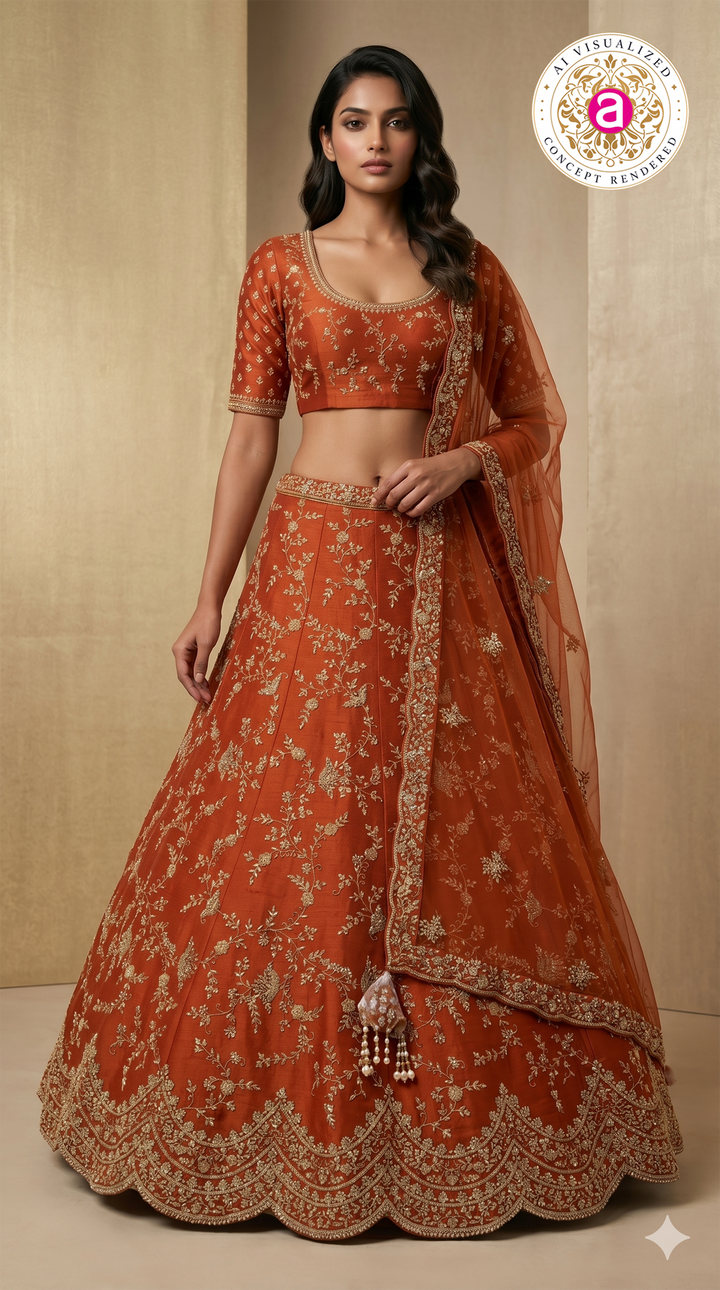 Rust Orange Designer Bridal Lehenga Set with Heavy Zari Embroidery & Net Dupatta