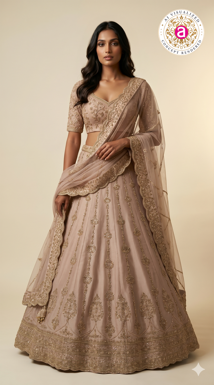 Champagne Beige Designer Bridal Lehenga Set with Heavy Zari Embroidery & Net Dupatta