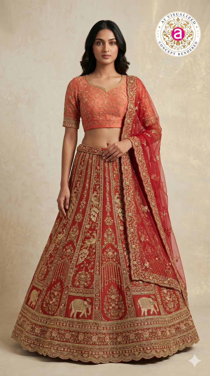 Royal Rust Orange Bridal Lehenga Set with Heritage Zari Embroidery & Net Dupatta