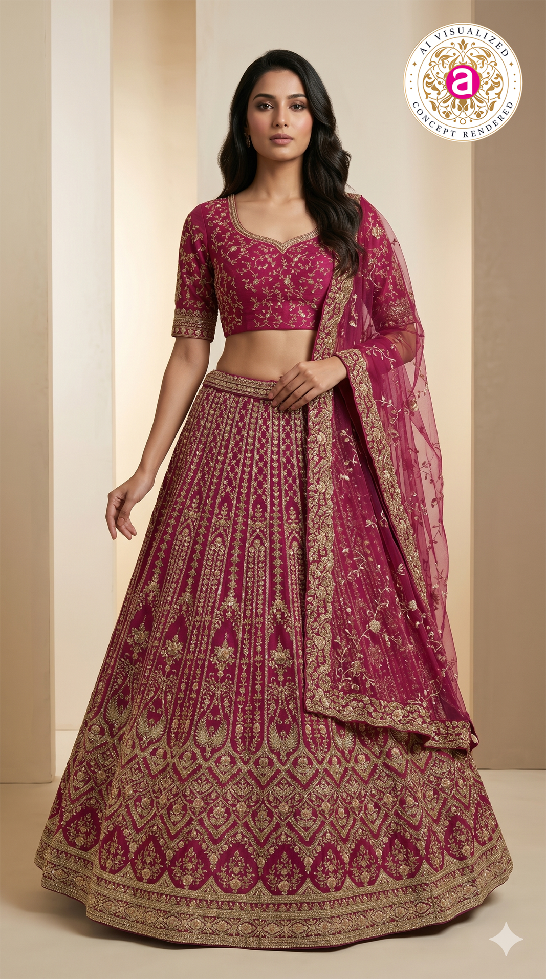 Royal Magenta Bridal Lehenga Set with Intricate Zari Embroidery & Net Dupatta