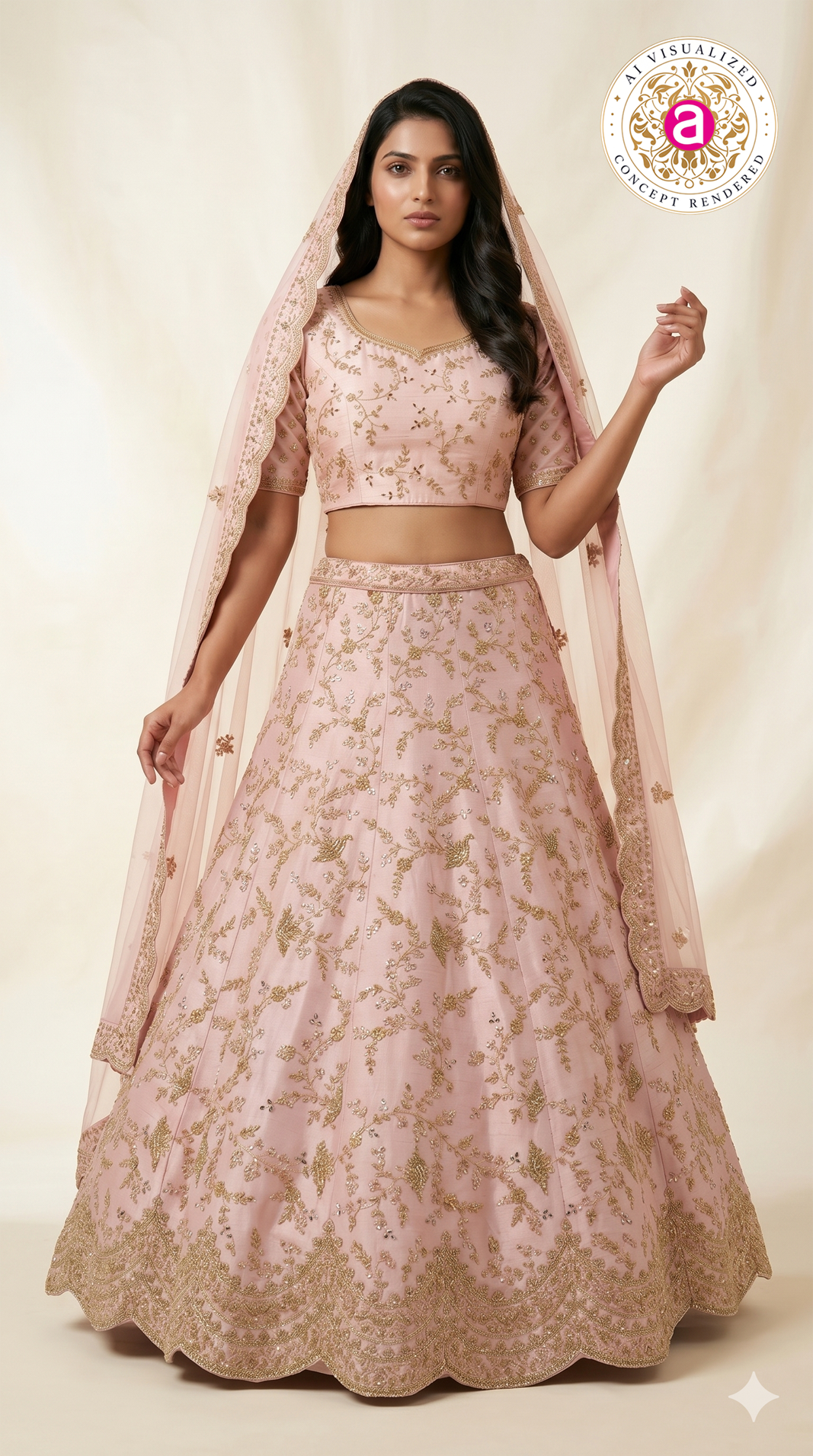 Blush Pink Designer Bridal Lehenga Set with Gold Zari Embroidery & Net Dupatta