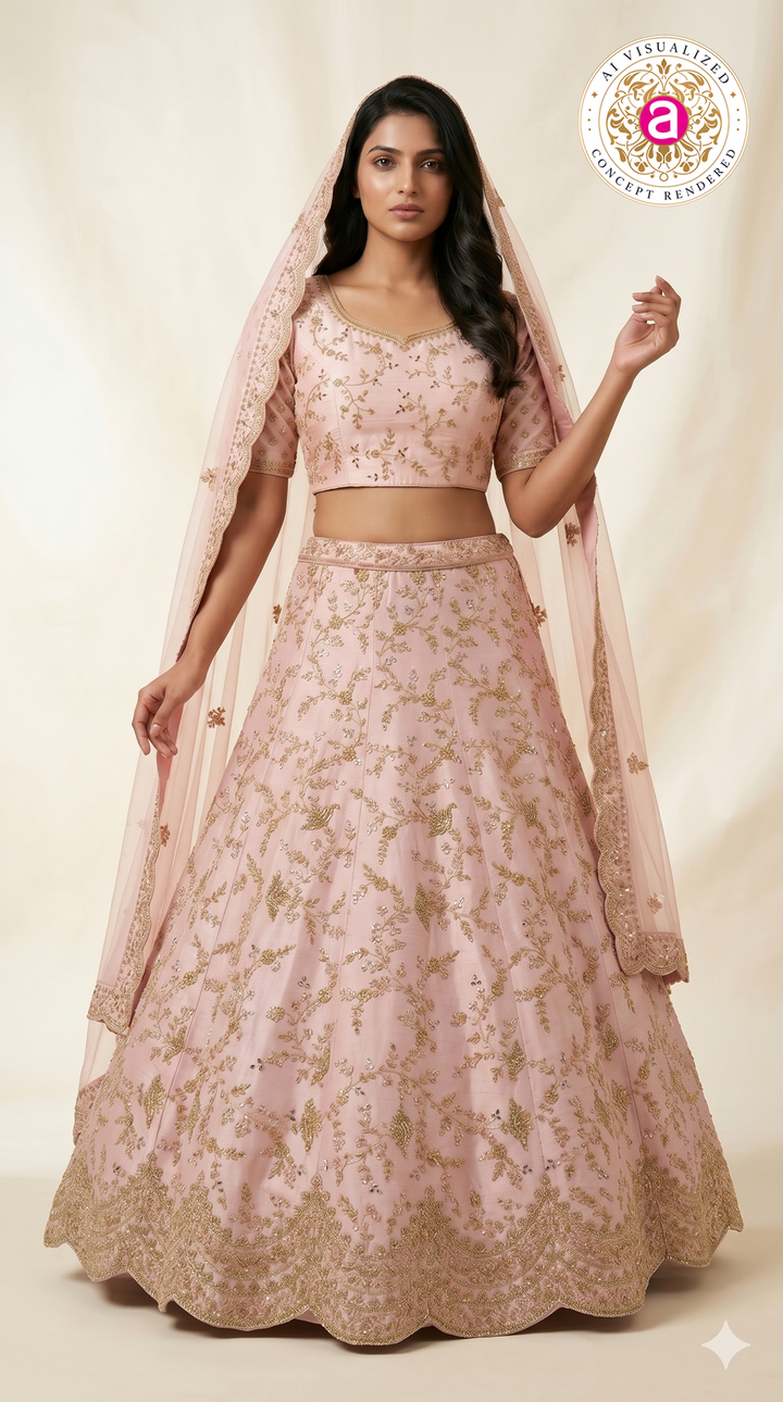 Blush Pink Designer Bridal Lehenga Set with Gold Zari Embroidery & Net Dupatta