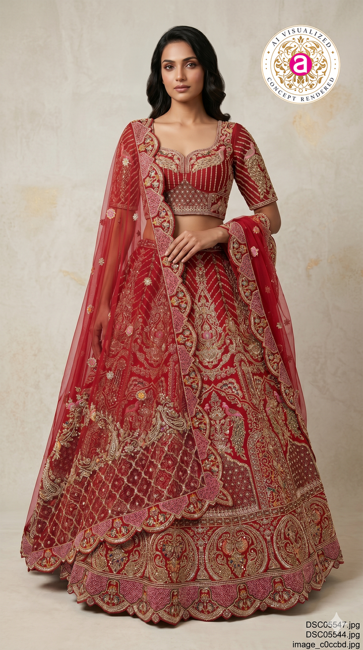 Royal Maroon Bridal Lehenga Set with Heritage Zari Embroidery & Designer Scalloped Net Dupatta
