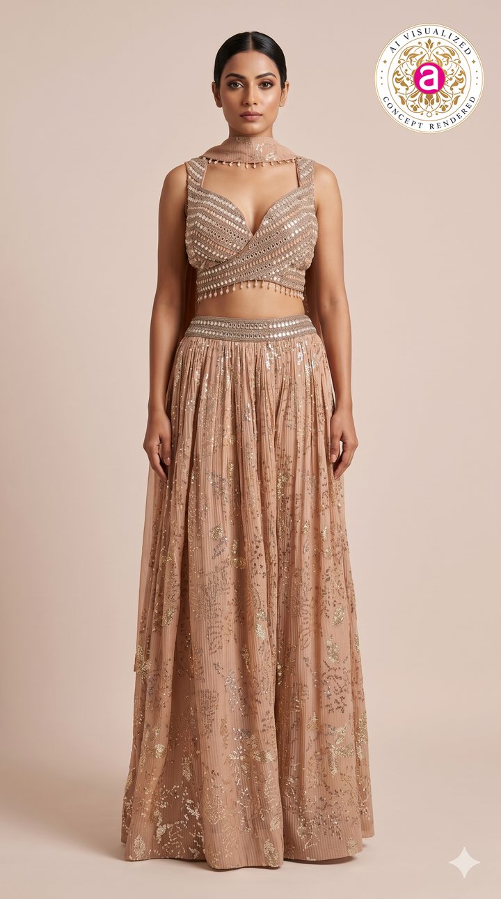 Blush Nude Embellished Lehenga Set with Mirror Work Blouse and Choker Dupatta