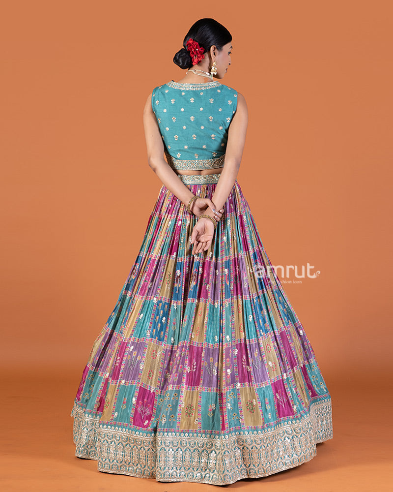 Teal and Golden Embroidered Choli with Multicolor Tiered Lehenga Set