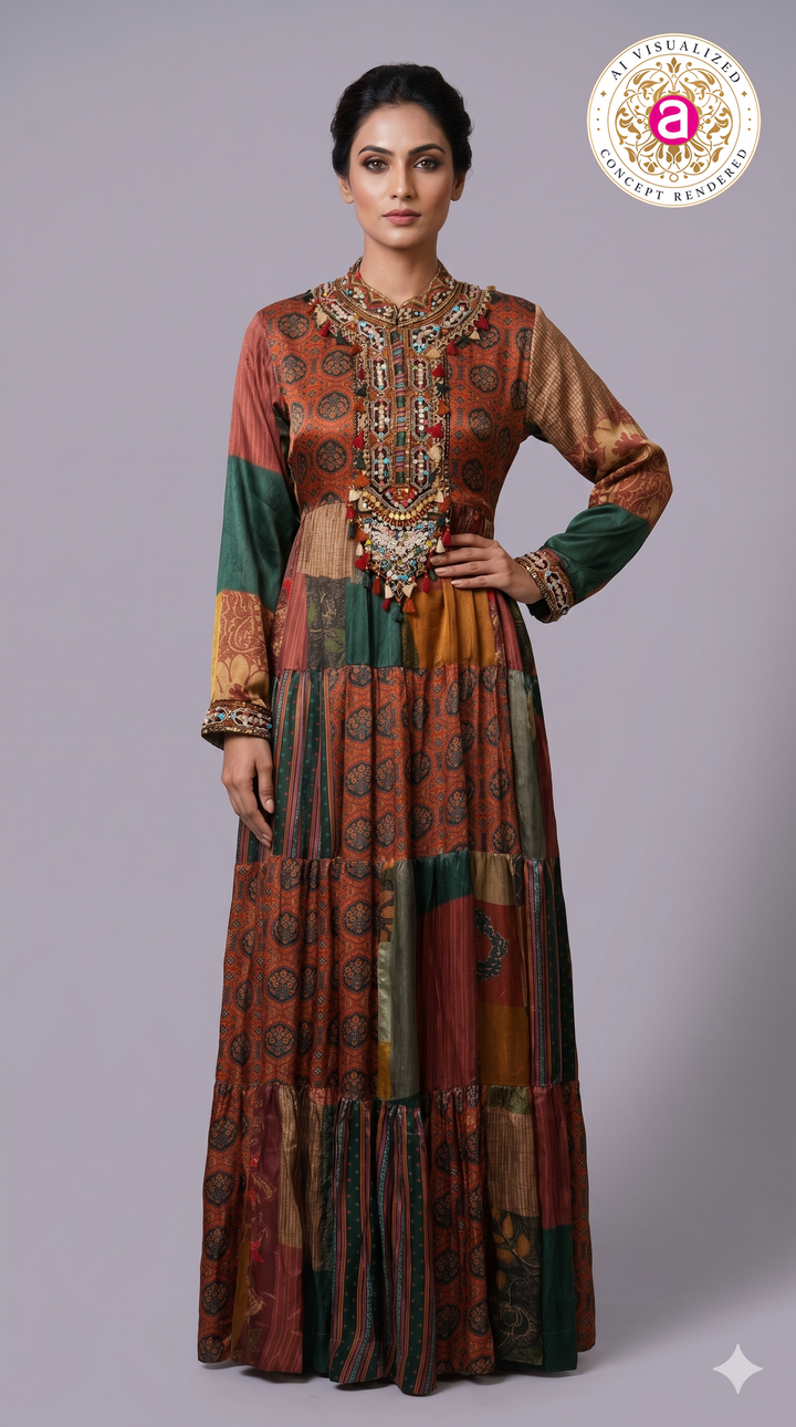 Multicolour Patchwork Printed Tiered Maxi Dress with Statement Embellished Neckline