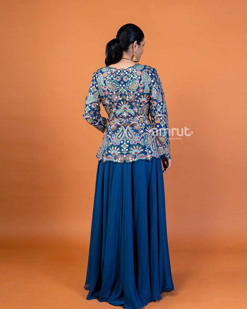 Dark Blue Embroidered Plum Top with Flowing Sharara Pants