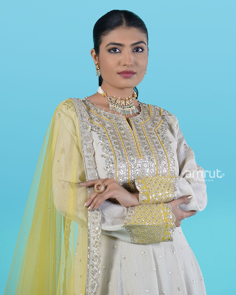 Cream Golden Embroidered salwar Kameez with Mustard Yellow Dupatta