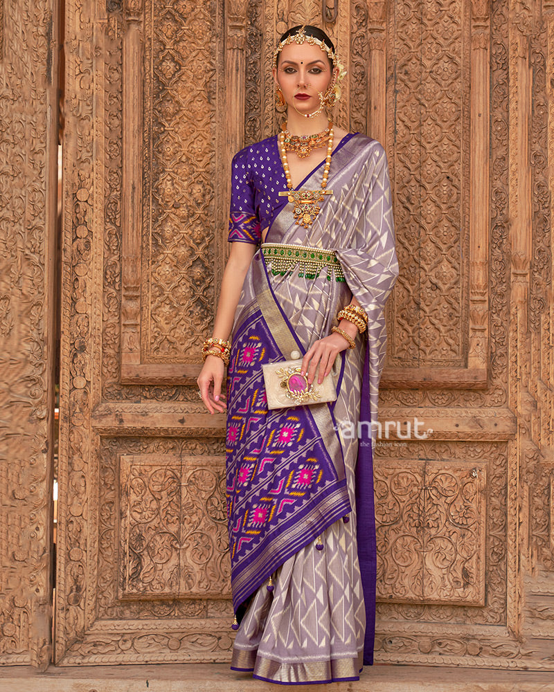 Grey Geometric Patterns & Purple Border Patola Silk Saree with Unstitched Blouse