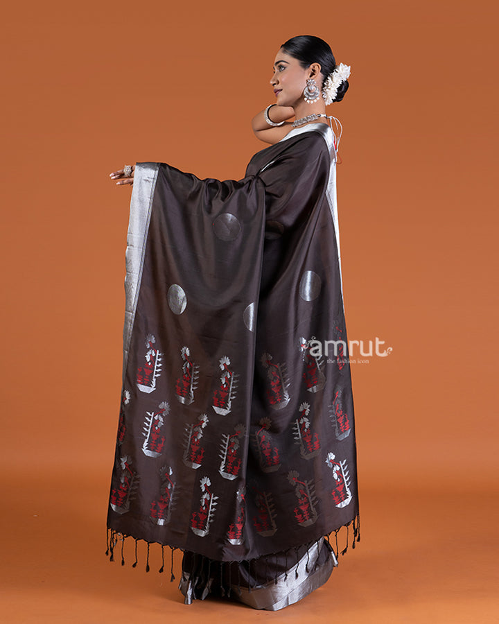 Black Silk with Silver Borders and Maroon Floral Design Saree with unstitched blouse