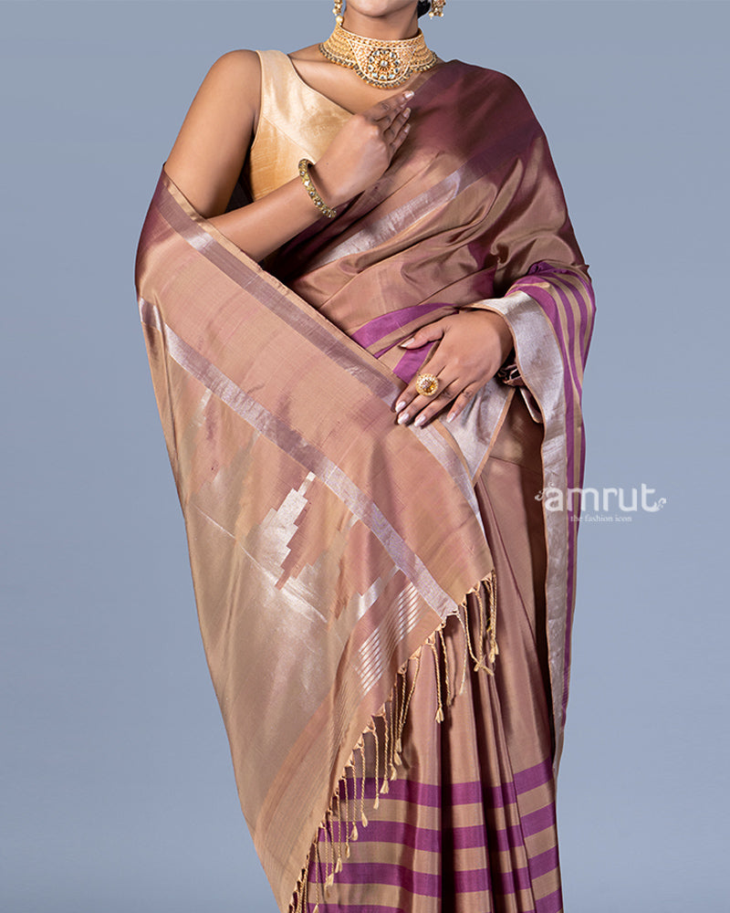 Beige-Taupe and Purple-Maroon Striped Saree with Unstitched Blouse