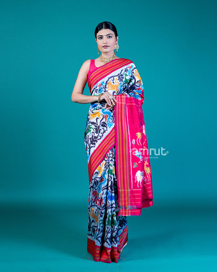 White Ethnic Patola Silk Saree with Multi-Color Motif Weaving and Unstitched Blouse