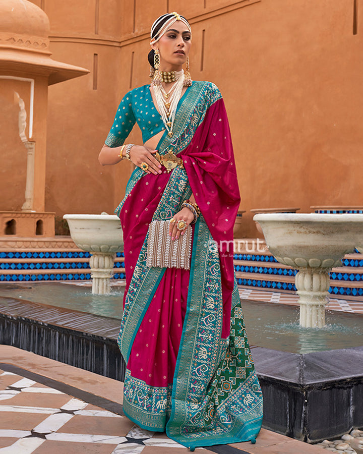 Rani Pink Zari Weaving Teal Green Border Saree in Patola Silk with Unstitched Blouse