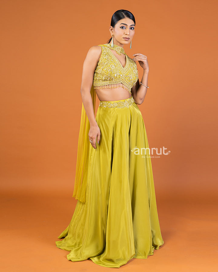 Lime Yellow Embellished Crop Top with Palazzo and Choker-Style Dupatta