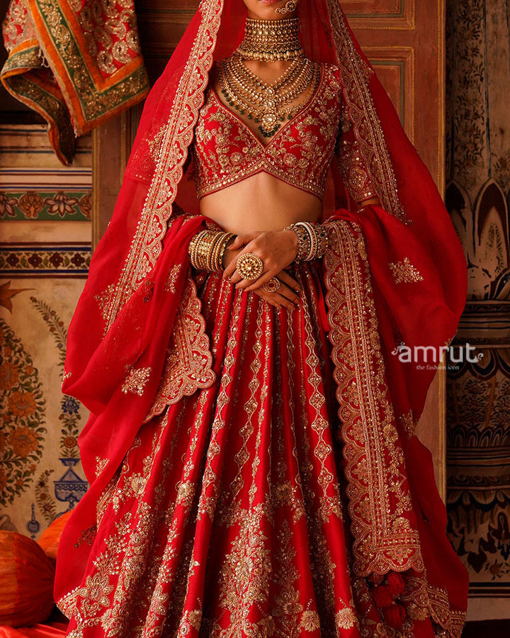 Red Golden Embroidered Bridal Lehenga Choli with Maroon Dupatta