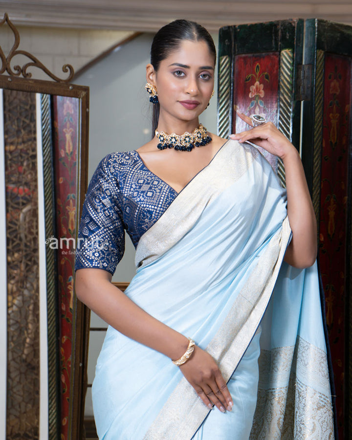 Pastel Blue Zari Woven Silk Saree with Embroidered Blouse