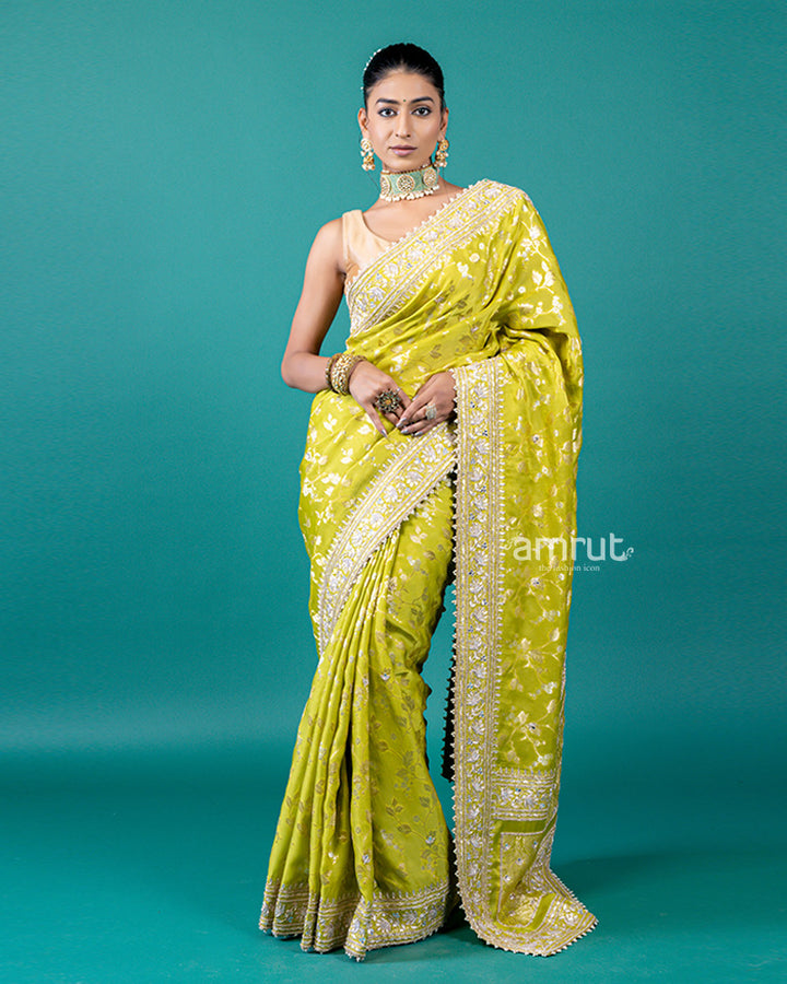 Lime Yellow Zari Embellished Silk Saree with Unstitched Blouse