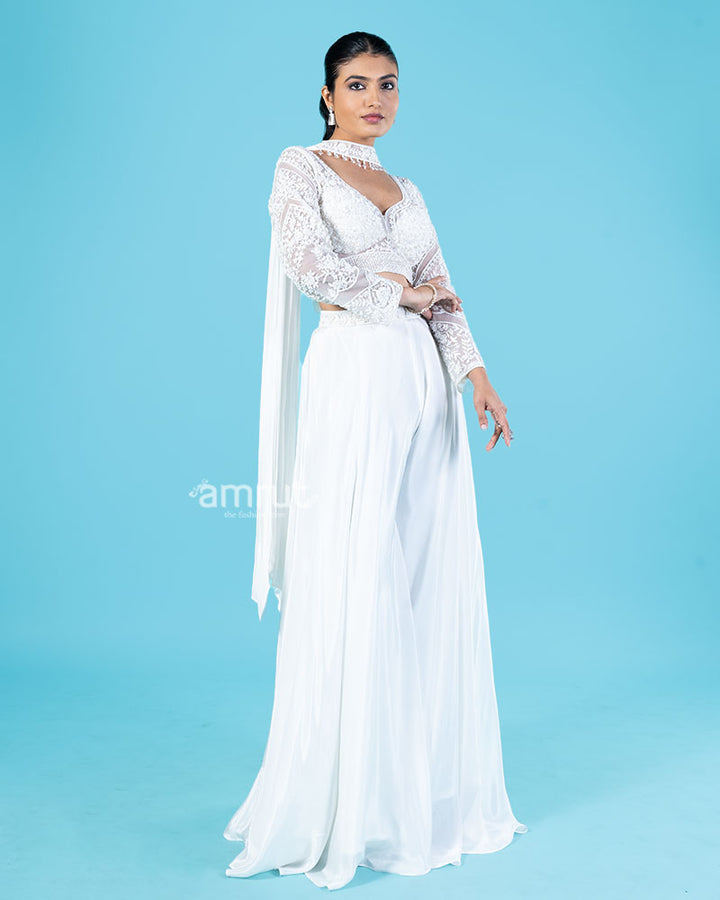 White Embroidered Crop Top with Wide-Leg Palazzo Pants and Beaded Choker Dupatta