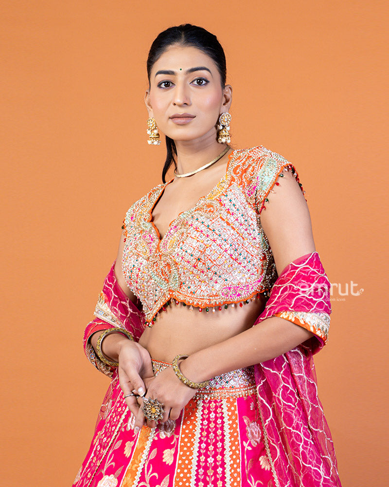 Pink and Orange Embroidered Lehenga Choli with Sheer Dupatta