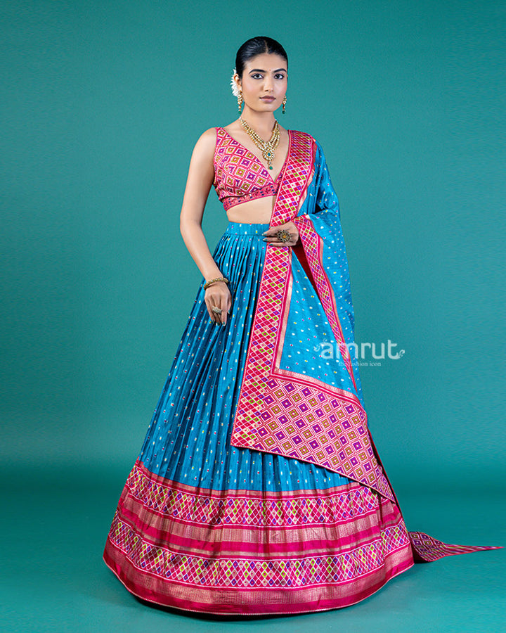 Blue Lehenga Choli Set with Intricate Borders & Matching Dupatta