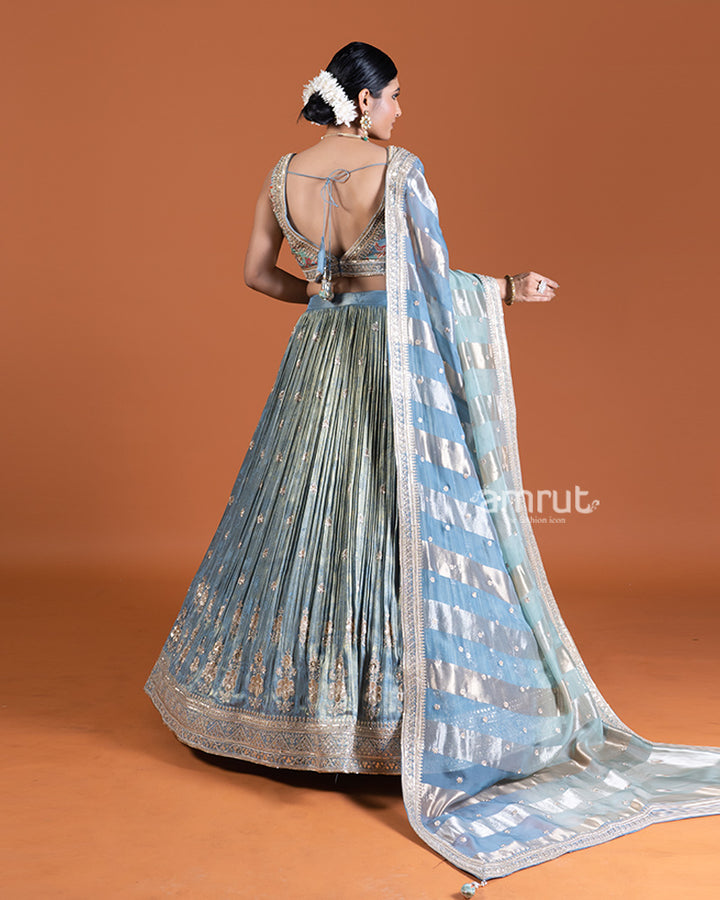 Gray-Blue Lehenga Set with Mint Green Choli, Pink Tassels, and Dupatta