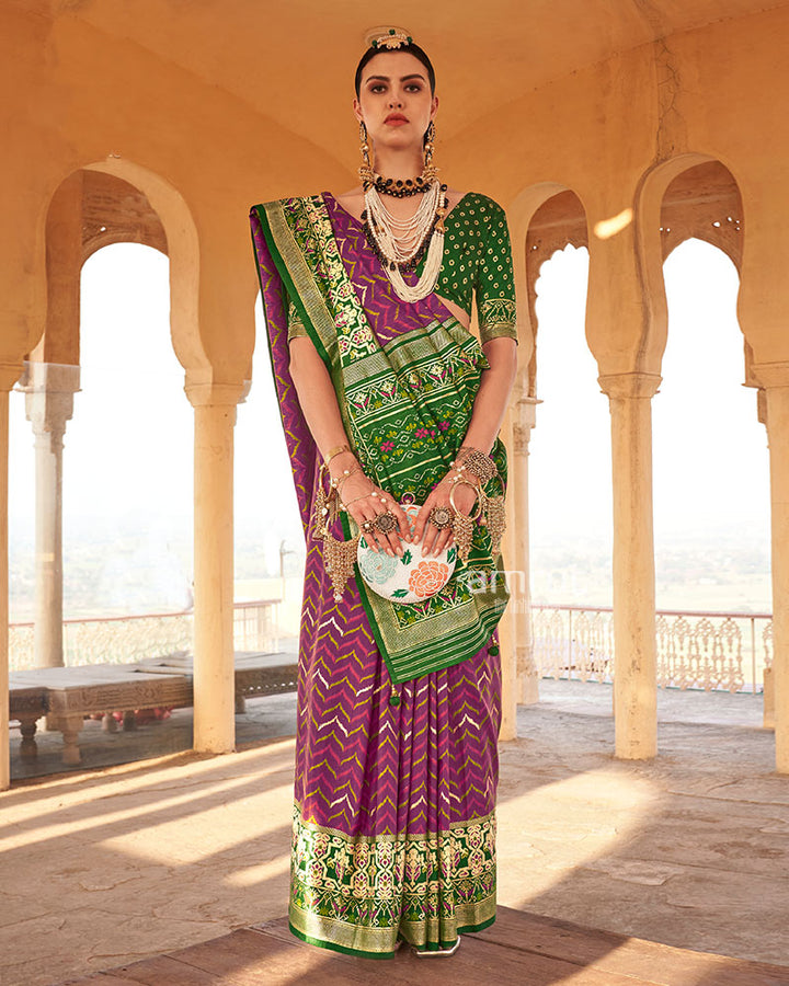 Plum Ikat Printed and Green Contrast Border Patola Silk Saree with Unstitched Blouse