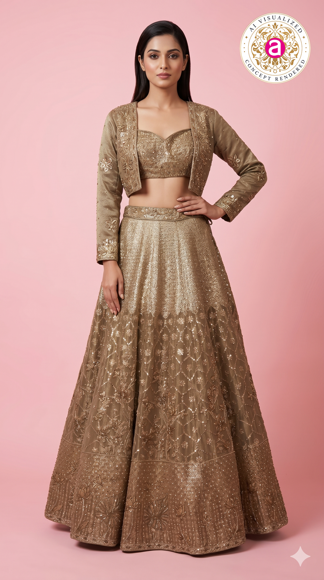Champagne Gold Embroidered Lehenga Set with Designer Jacket