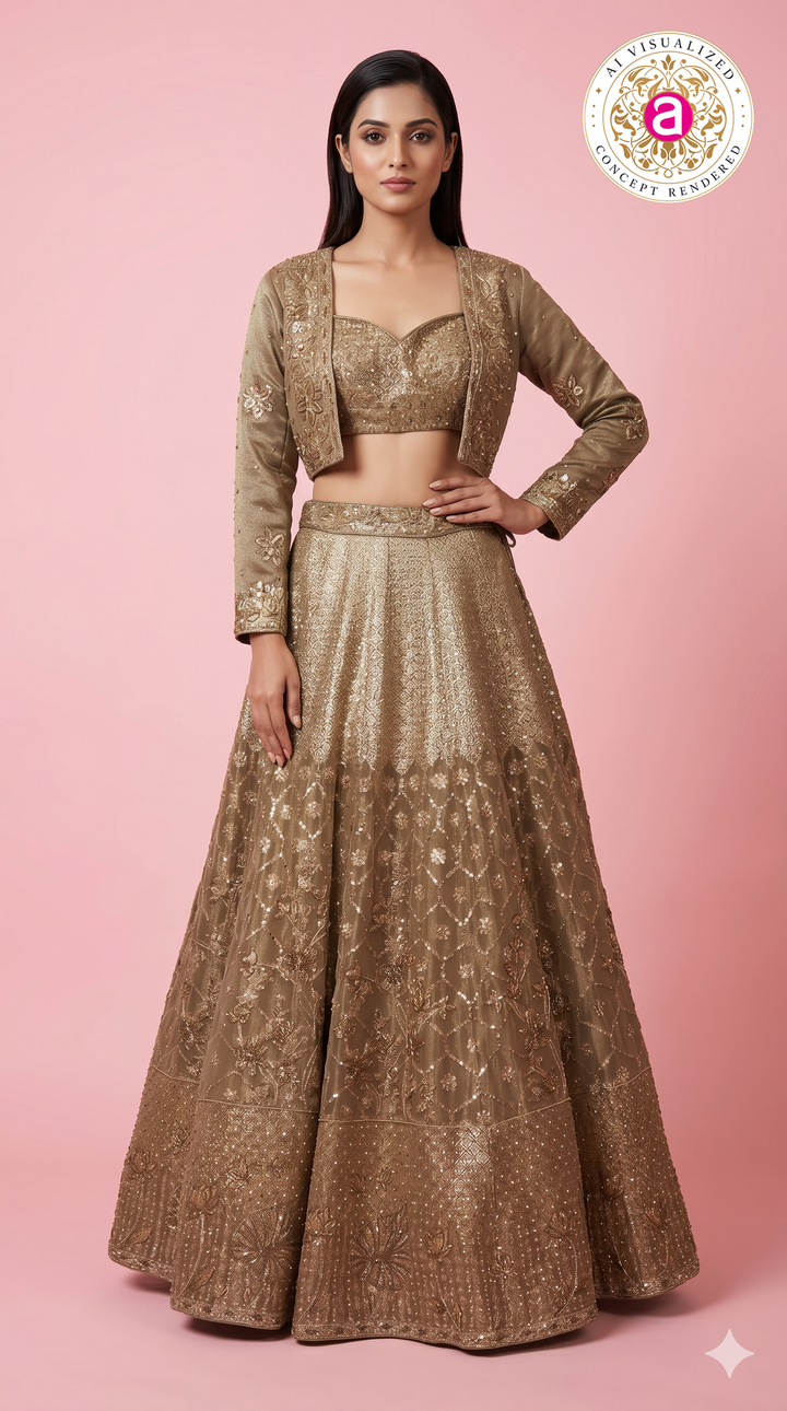 Champagne Gold Embroidered Lehenga Set with Designer Jacket