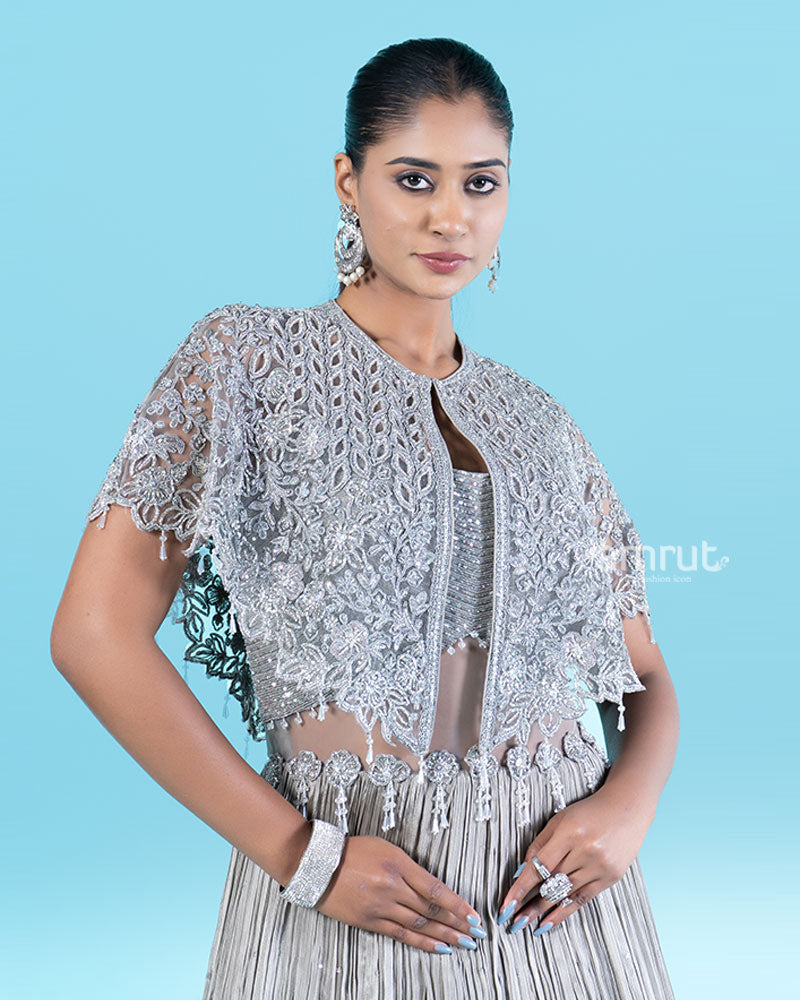 Silver-Gray Embellished Cape with Crop Choli and Pleated Lehenga