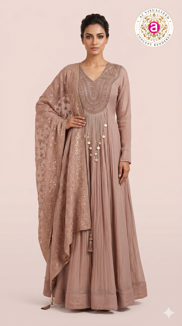 Dusty Rose Embroidered Anarkali Set with Organza Dupatta