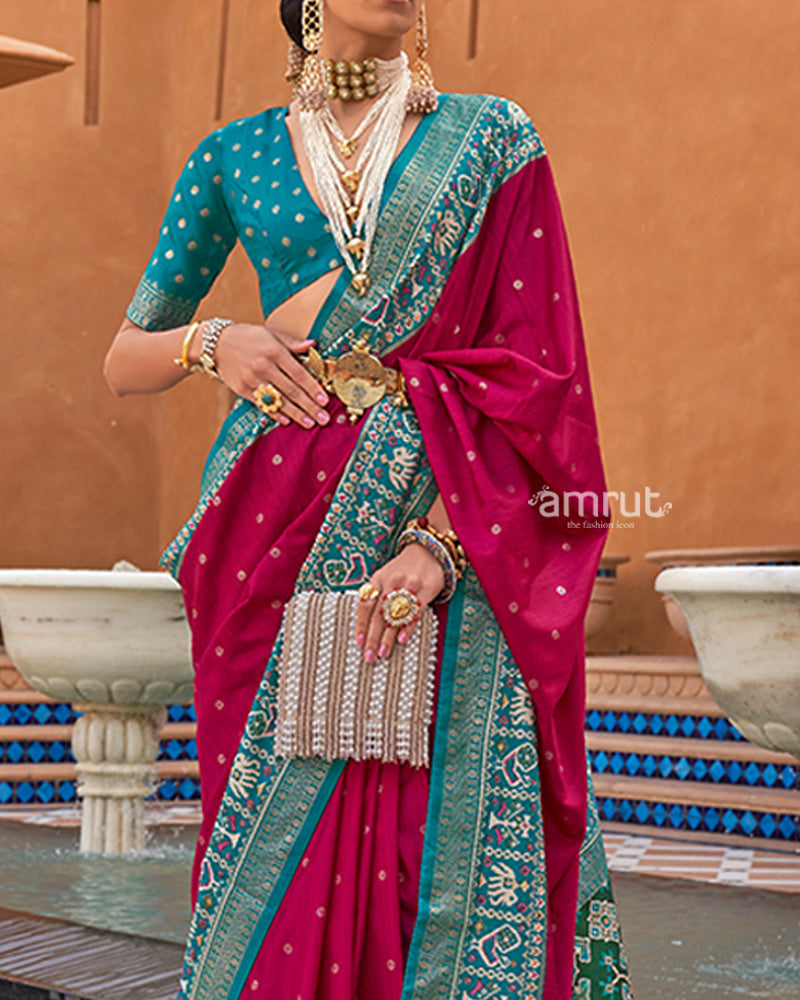 Rani Pink Zari Weaving Teal Green Border Saree in Patola Silk with Unstitched Blouse