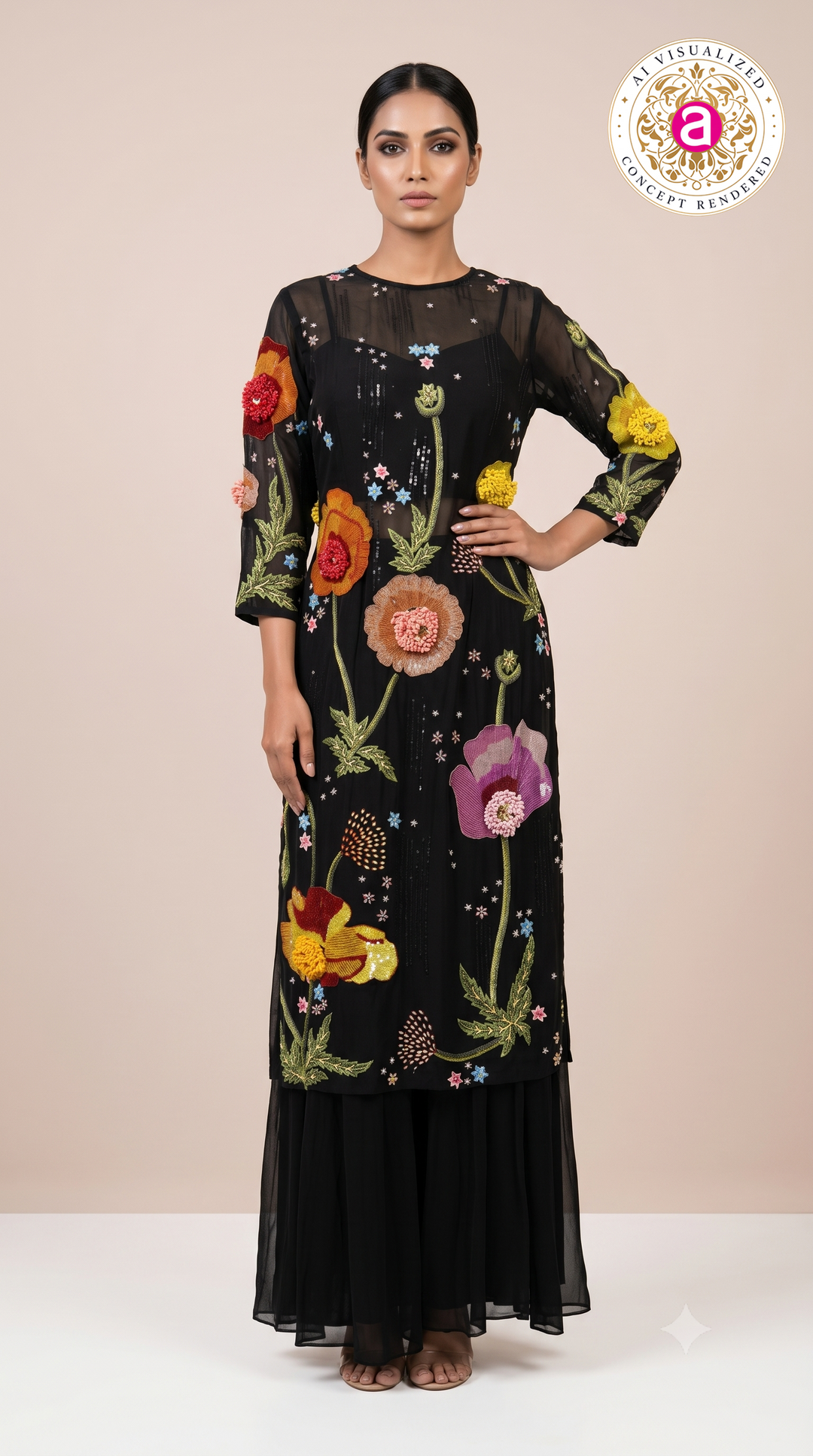 Black Floral Embroidered Kurta Set with Palazzo