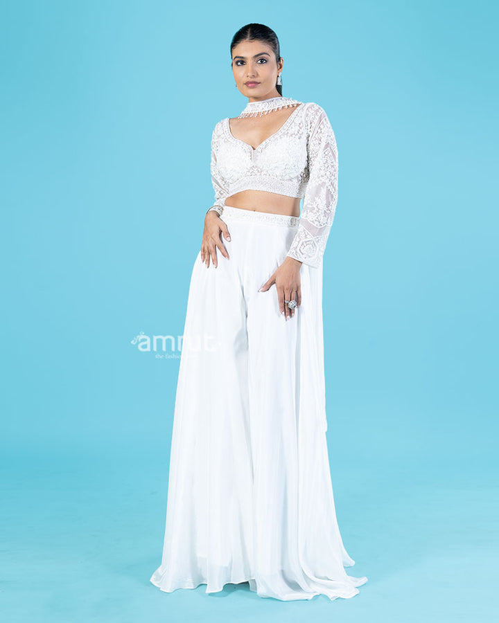 White Embroidered Crop Top with Wide-Leg Palazzo Pants and Beaded Choker Dupatta