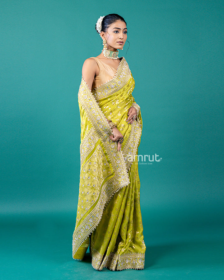 Lime Yellow Zari Embellished Silk Saree with Unstitched Blouse