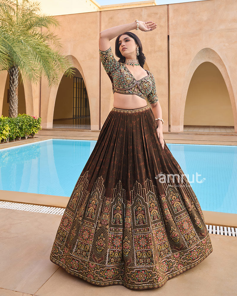 Brown Pleated Lehenga Choli with Intricate Embroidery and Matching Dupatta