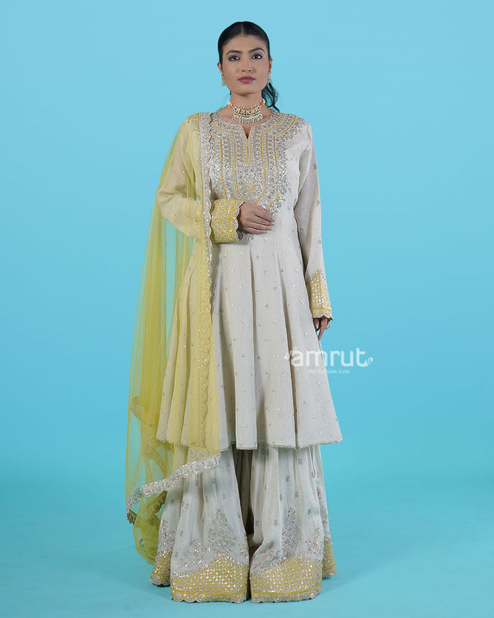 Cream Golden Embroidered salwar Kameez with Mustard Yellow Dupatta