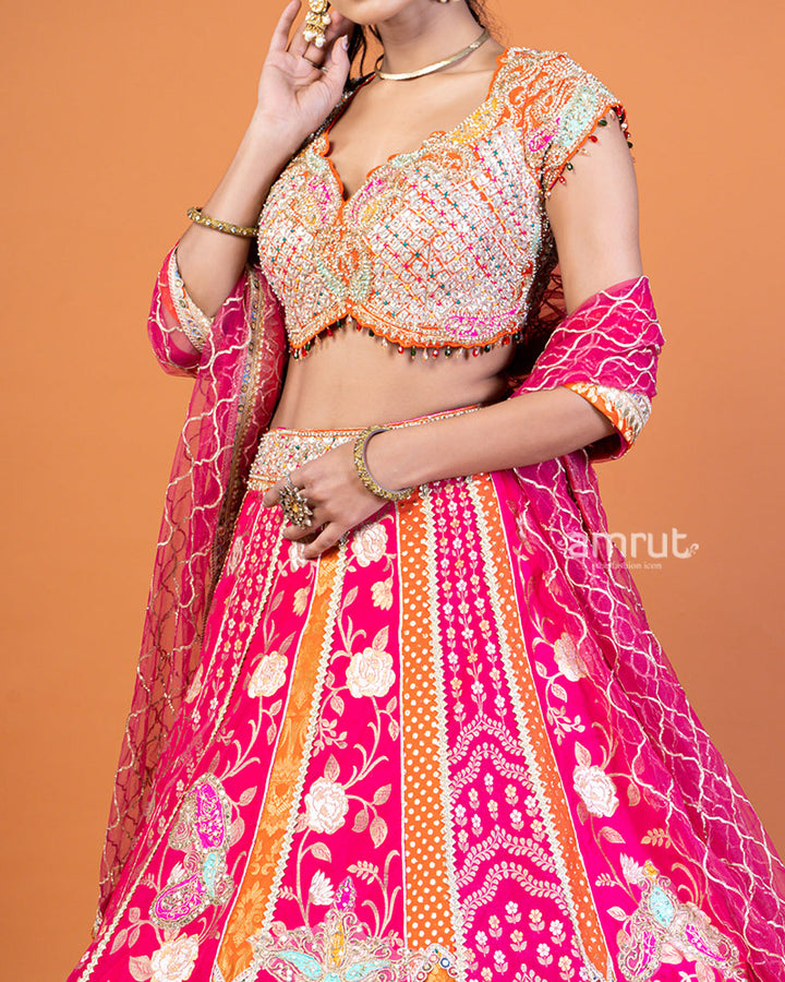 Pink and Orange Embroidered Lehenga Choli with Sheer Dupatta